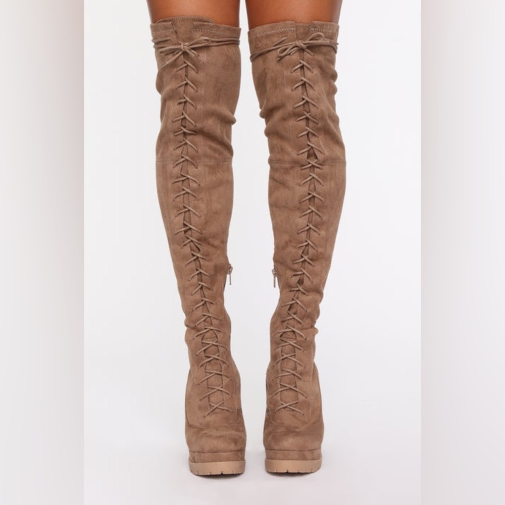 Brown Suede Lace-Up Over The Knee Boots